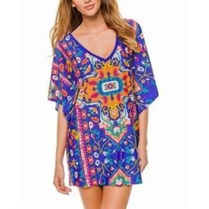 Trina Turk Blue Multi V-Neck Printed Swim Coverup Tunic